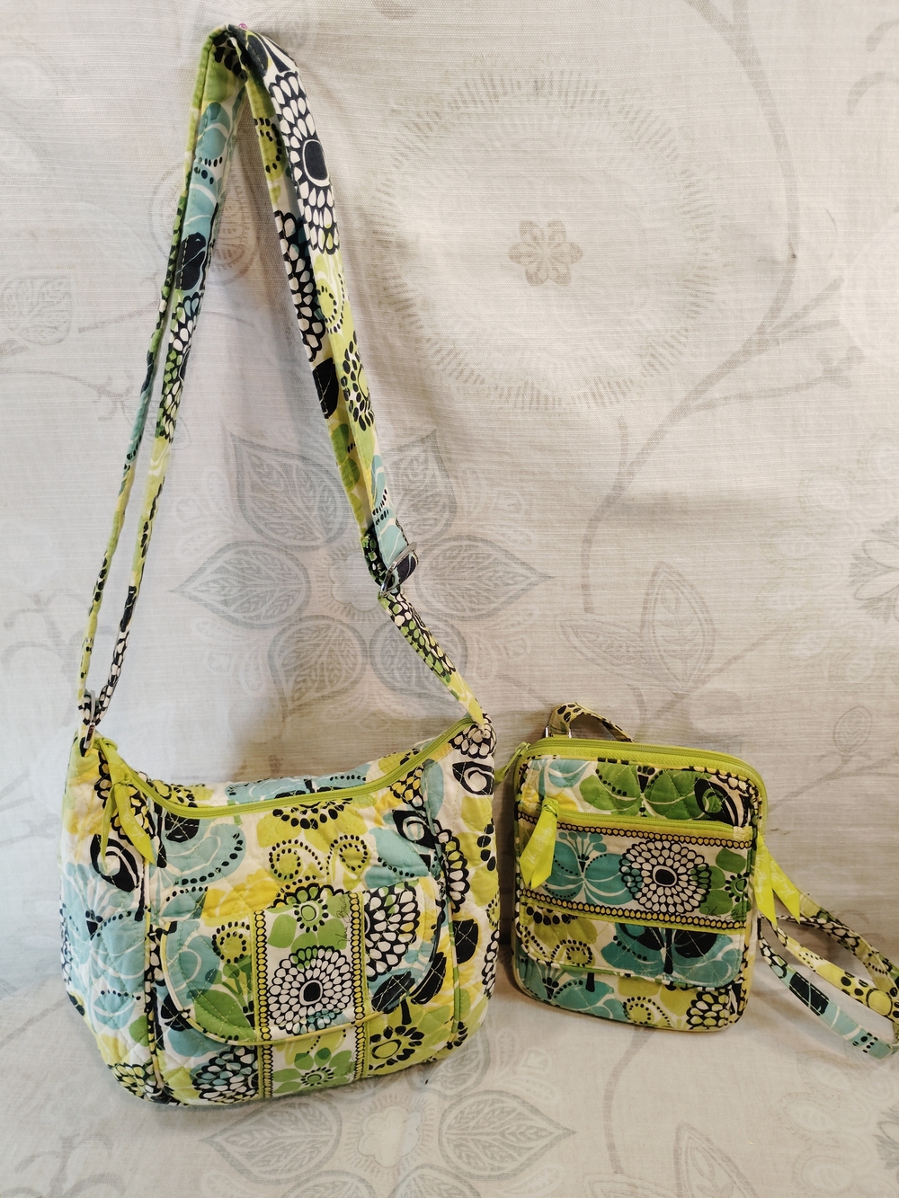 Vera Bradley 2pc  Lime Green, Aqua & Black Floral Quilted Crossbody Set